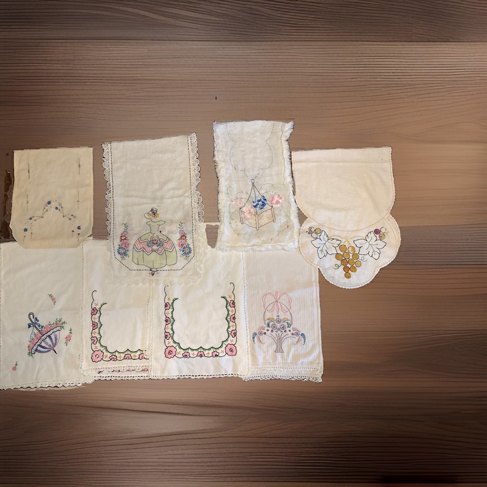 Vtg Lot 8 Embroidered Crochet Tablerunners Various Lengths